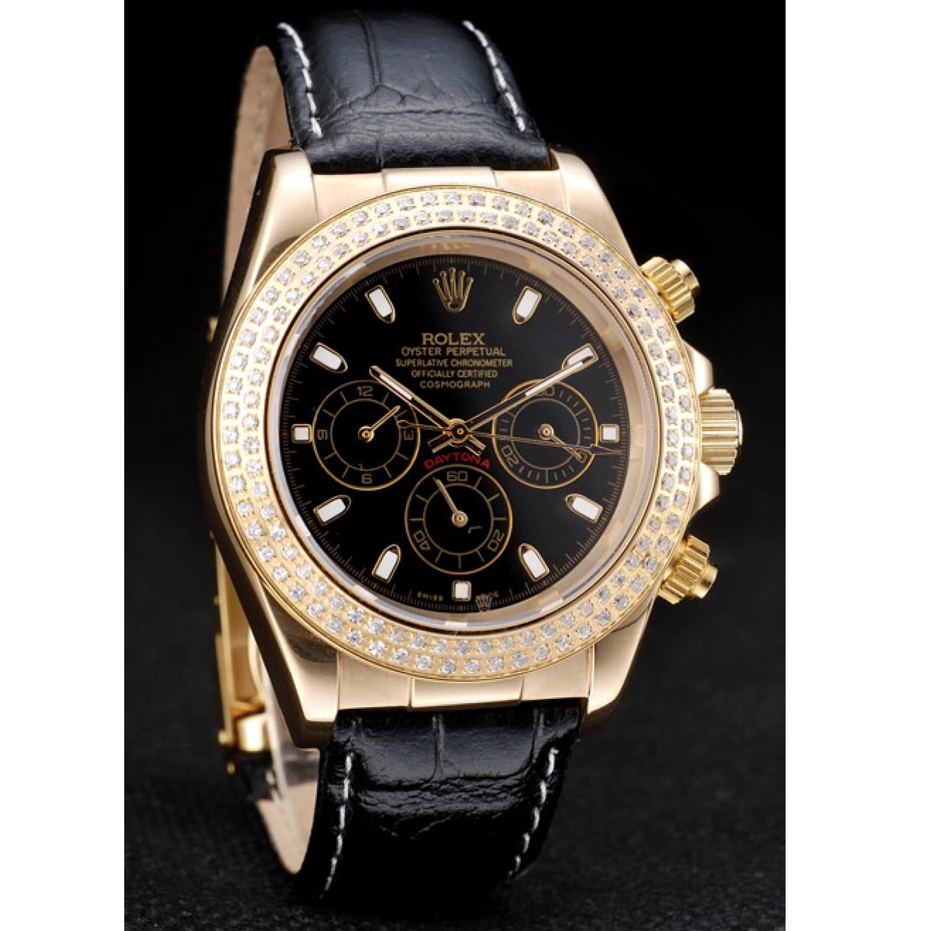 AAA replica watch Rolex Crystal Case Bezel Dial Gold Daytona Black Studded 0716